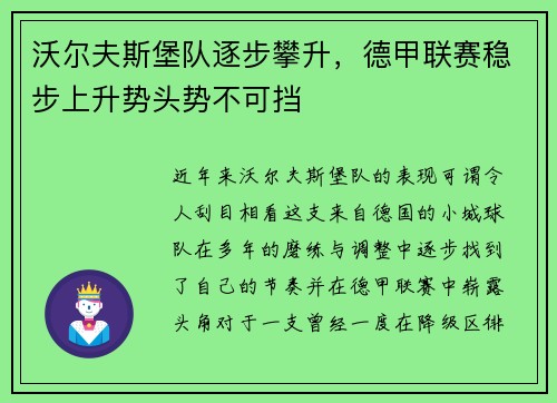 沃尔夫斯堡队逐步攀升，德甲联赛稳步上升势头势不可挡